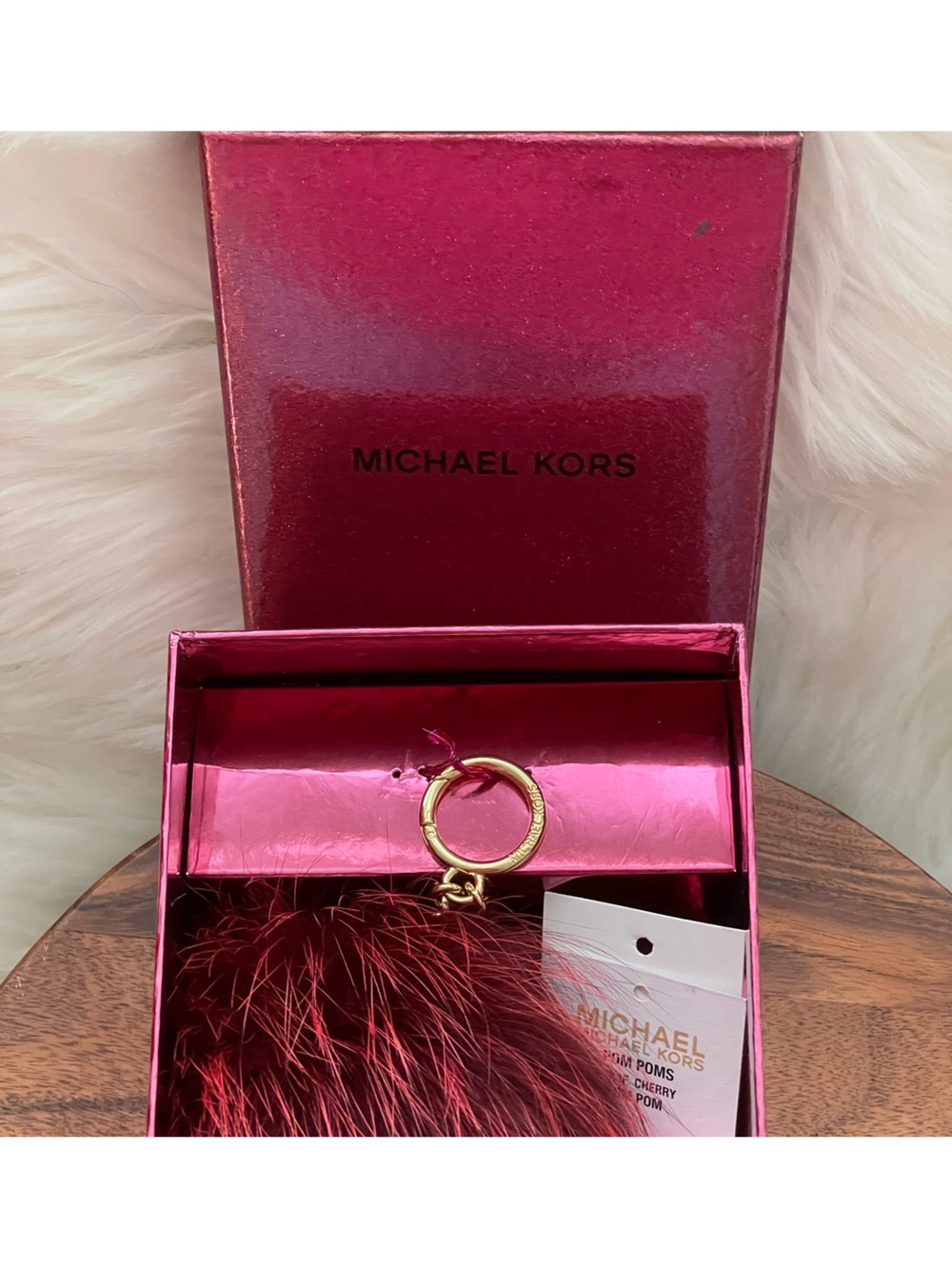 MICHAEL M KORS Large Cherry Color Fox Fur Pom Pom Bag Charm Gift Boxed - Picture 6 of 6